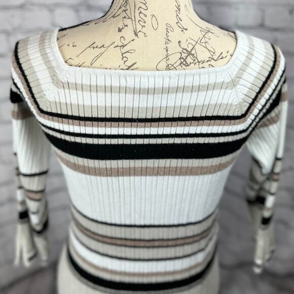 Linda Matthews Pullover Striped Sweater Black Taupe White Square Neck L - Picture 8 of 10